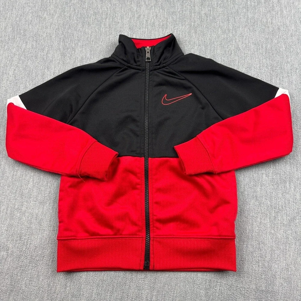Nike Jacket Kids 4 XS‎ Red Black Full Zip Track Swoosh Logo Outdoor Active